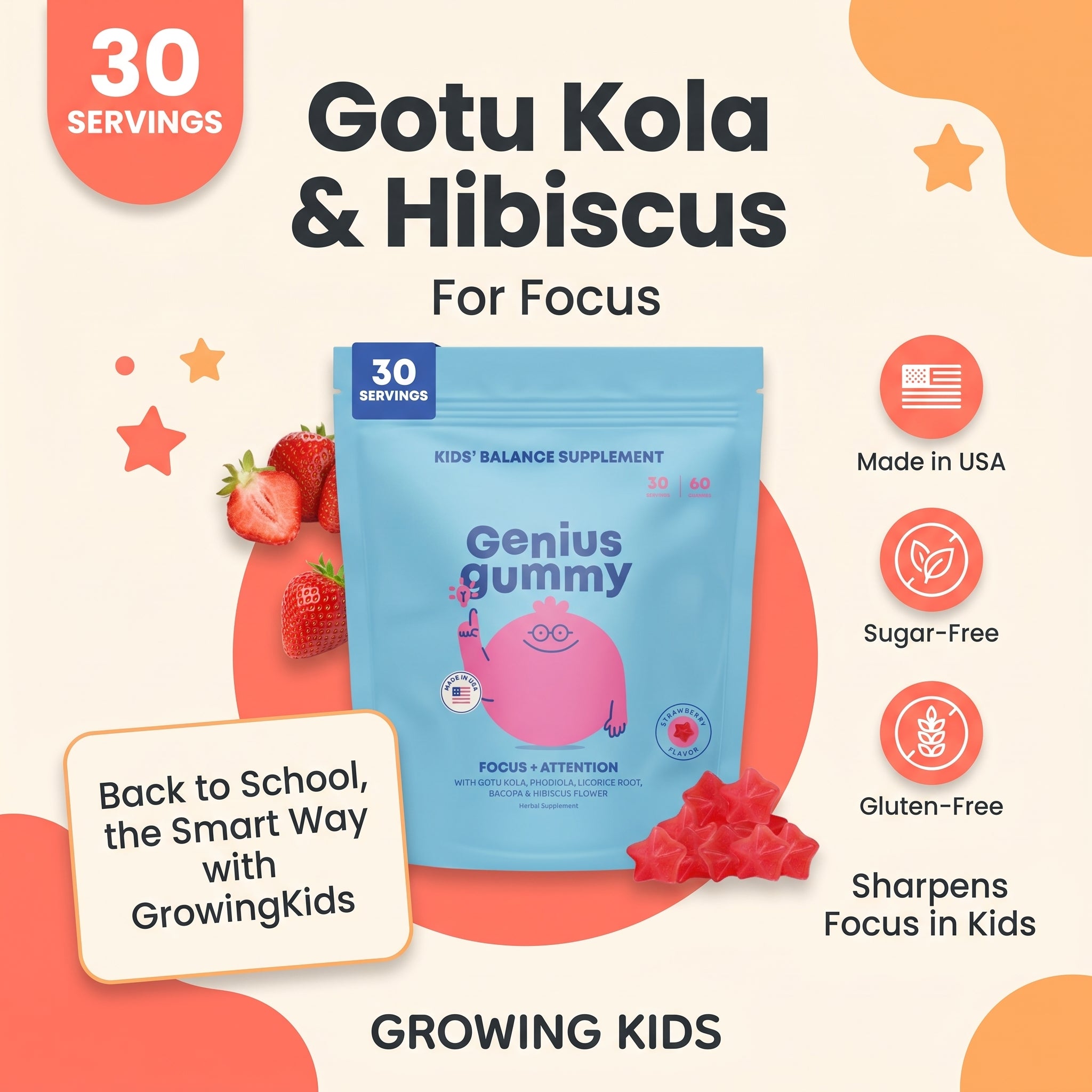 Genius Kids Focus Gummies Bacopa + Rhodiola | Ages 4+